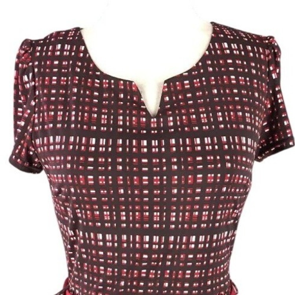 ModCloth Womens 4X Burgundy Geometric Grid Fit & Flare Pocket Dress Short Sleeve